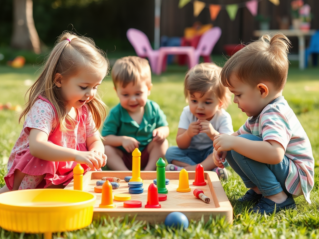 Children gather around a game on the grass outside