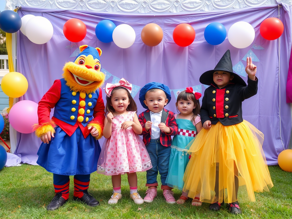 Kids pose for a photo at a party all in fancy dress.