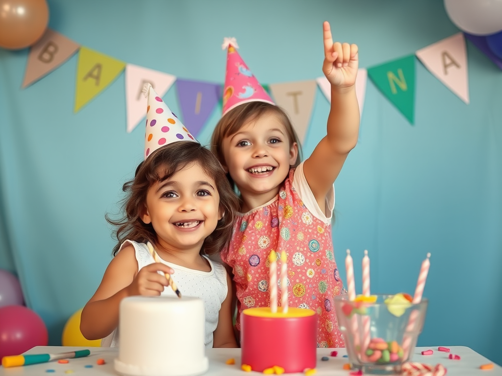 Two young children wearing colorful party hats are smiling excitedly at a birthday celebration. They stand behind a table with a white cake and a red container holding lit candles. In the background is a turquoise wall decorated with a colorful "BIRTHDAY" banner and balloons. One child is raising their hand in excitement while the other is standing beside them.