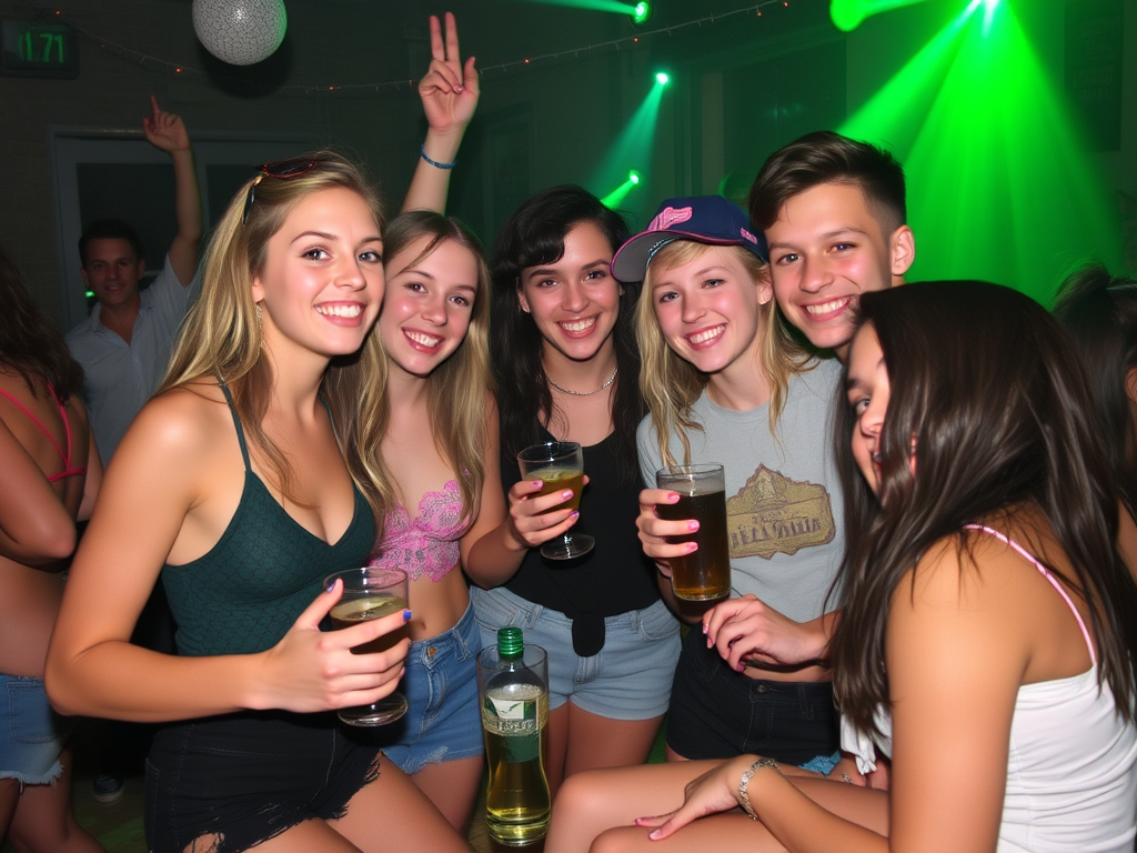 Teenagers pose for a photo at a party holding drinks with bright green lights creating the atmopshere