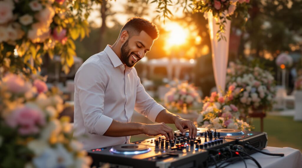 A man in a white shirt smiling as he DJs at an outdoor event during sunset. He is surrounded by floral decorations, creating a festive atmosphere.