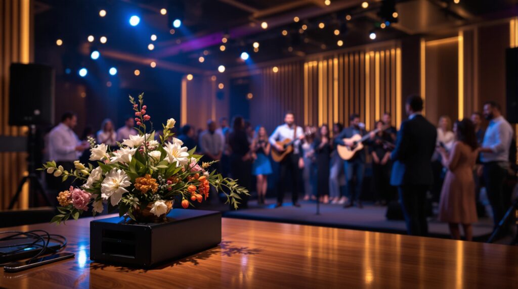 A bouquet of white and orange flowers in a vase on a table in the foreground. In the background, a lively crowd is gathered, with musicians playing guitars on a dimly lit stage decorated with string lights.