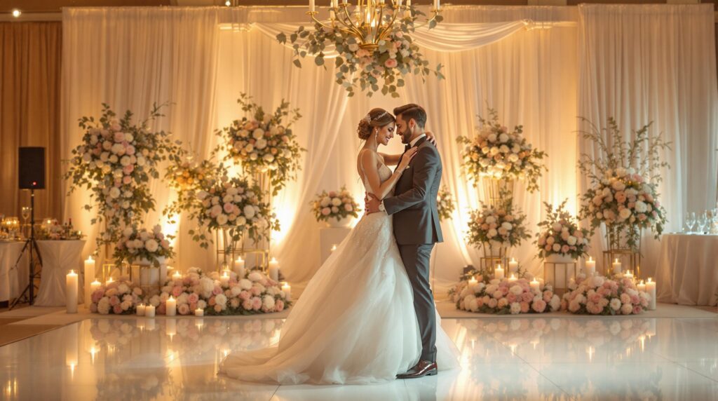 a bride and groom embrace and they take their first dance as husband and wife.