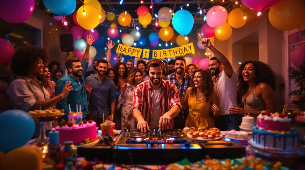 Dj plays the decks at a birthday party celebration sounded by happy people.